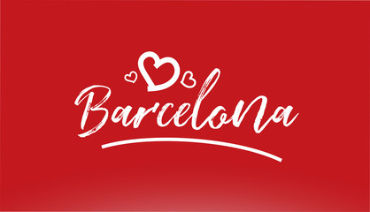 barcelona white city hand written text with heart logo on red background