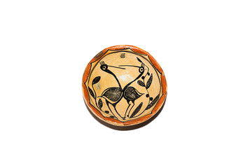 terracotta or pottery dish with animal decoration isolated on white background