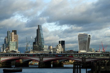 Fototapeta na wymiar panorama with skyscraper against blue sky in london uk