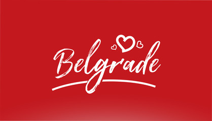 belgrade white city hand written text with heart logo on red background
