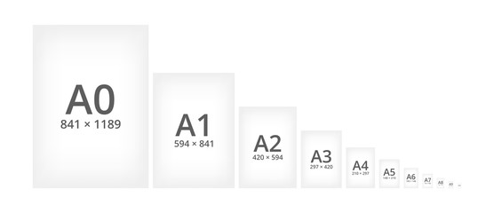 Paper size standard formats of A series. Sizes of paper sheets from A0 to A10. Comparison of papers isolated on a white background. Vector scheme or illustration. - obrazy, fototapety, plakaty