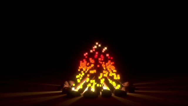 Campfire, low poly fire animation. Video of burning fire and wood with stones around. Cartoon and simple form of campfire.