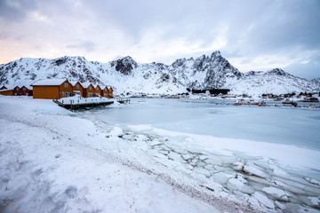frozen sea in Ballstad, a fishing village in Lofoten Islands,  Nordland county, Norway