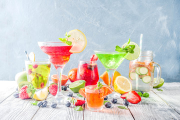 Selection summer fruit and berry cocktail drinks.  copy space