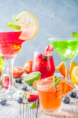 Selection summer fruit and berry cocktail drinks.  copy space