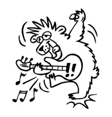 Fototapeta na wymiar Punk Bear plays rock music on electric guitar, cartoon joke balck and white