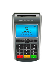 Realistic NFC POS terminal for payment by debit or credit card on white