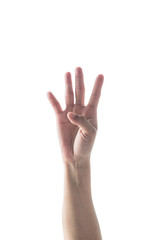 Hand up with four fingers of woman with rim light isolated on white background (clipping path) for number 4