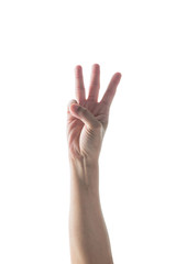 Obraz premium Hand up with 3 three fingers with rim light isolated on white background (clipping path)