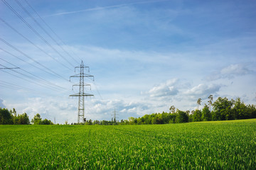 Power lines in a middle of a grass field