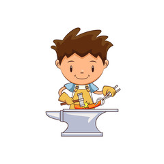 Blacksmith, child forging hot metal on anvil