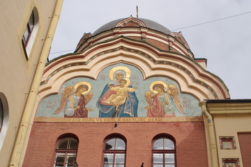 Fototapeta na wymiar Image of a fragment of the facade of the Church of St. John the theologian with the icon of the Mother of God, St. Petersburg, Russia