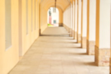 Blurred image of an ancient University building with a gallery and columns