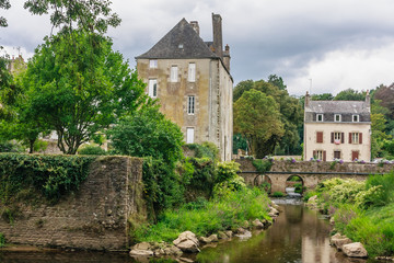 Fototapeta na wymiar View of Quimperle (Kemperle), a historic town built around two rivers, the Isole and Elle rivers that combine to form the Laita river, in Finistere, Brittany, France