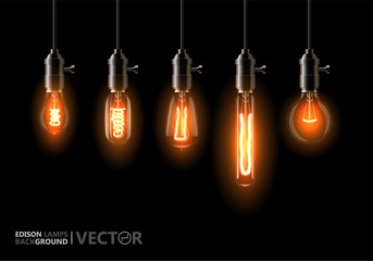 A set of five different lamps of Edison, weigh on the wires. On black background. For Your design, bars, cafes, restaurants, pubs, cafeteria.