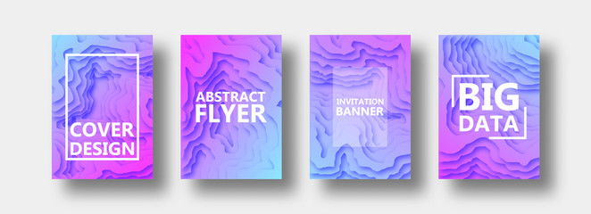 A set of four options for banners, flyers, brochures, cards, posters for your design, in lilac, violet, blue tones. Gradient. Paper style.
