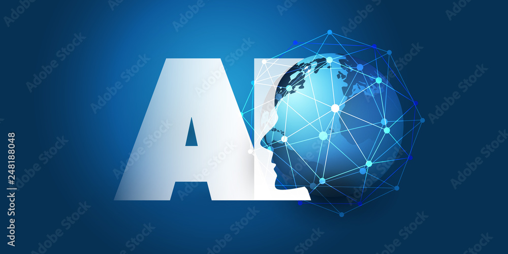 Poster machine learning, artificial intelligence, cloud computing and networks design concept with earth gl