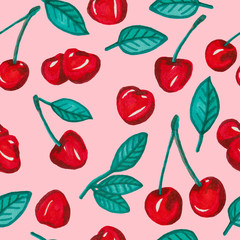 Seamless pattern painting with red cherries and leaf on pink background