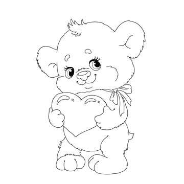 Cute cartoon character bear. Bear with a heart. Page for coloring book. Vector bear for congratulations. Valentine's Day.