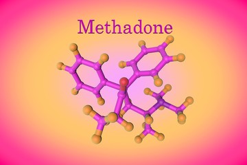 Molecular structure of methadone. Atoms are represented as spheres with color coding: oxygen (red), nitrogen (purple), hydrogen (orange), carbon (pink). 3d illustration