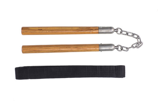 wooden nunchuck on white isolated background