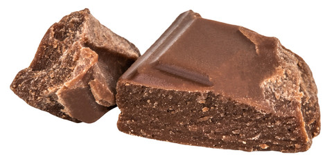 Broken chocolate pieces isolated on white background