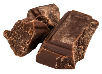 Broken chocolate pieces isolated on white background