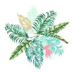 Vector tropical leaves composition with palm. Exotic botanical design for cosmetics, spa, perfume, health care products, aroma, wedding invitation