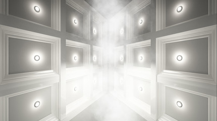 Abstract tunnel, abstract light, smoke. Abstract architectural background. 3D rendering.