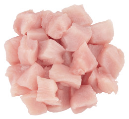 Top view of raw chicken fillet chunks isolated on white