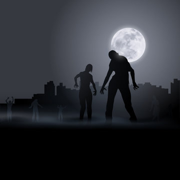 Zombie Walking out From Abandoned City at Night. Silhouettes Illustration for Halloween Creative Poster