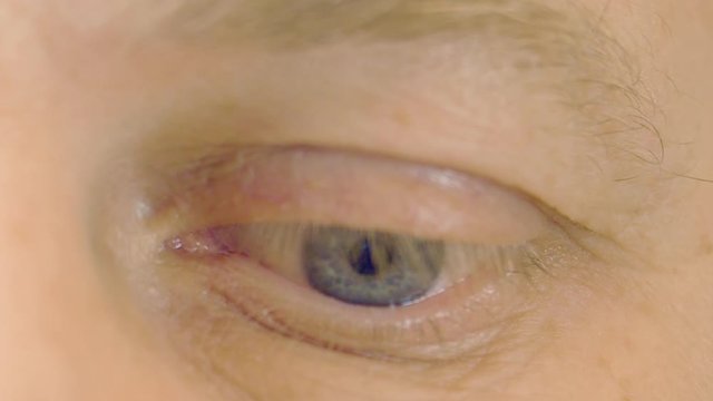 Close up human eye looking and moving. Macro shooting eye of senior man looking around and to camera. Ophthalmology and healthy vision. Health care. Parts of face and body. Anatomy human face