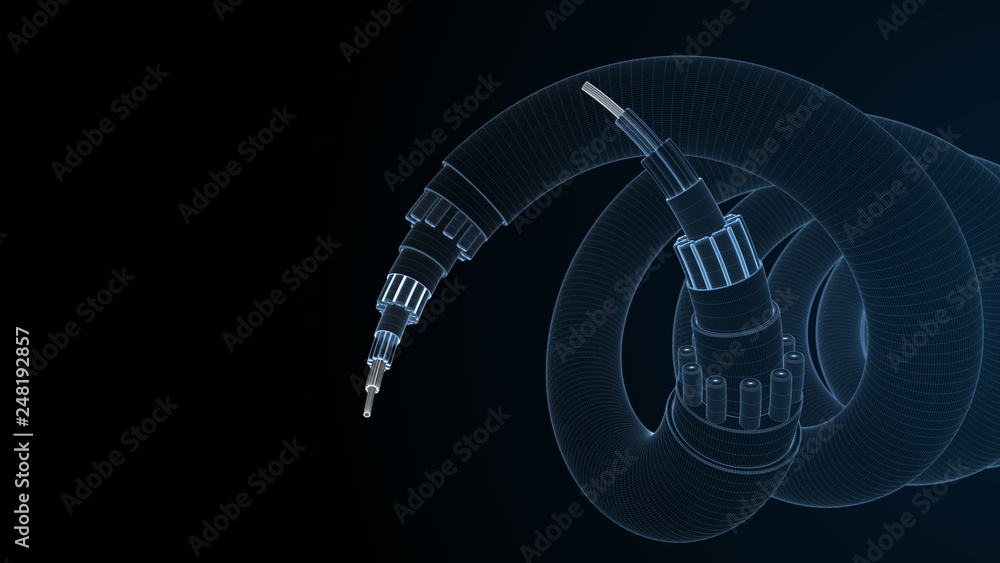 Poster 3d blue render technology background. concept of fiber optic internet cable with complex structure. 