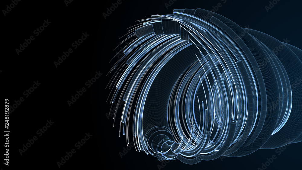 Poster 3d blue render technology background. concept of fiber optic internet cable with complex structure. 