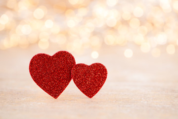 Red heart bokeh background, valentine day greeting card.