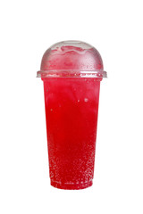 Isolated Front View of Iced Strawberry Water in plastic cup with plastic cap. Studio shot.