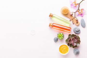 Spa background with handmade bio cosmetic and  cactus composition, flat lay, space for a text - Image.