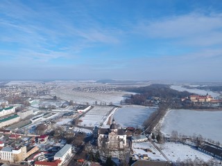 Fototapeta premium Aerial view of landmarks in Nesvizh, Minsk region, Belarus in winter. 