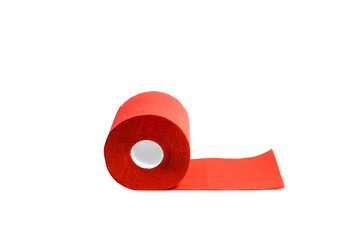 Roll of red coral toilet paper isolated on white background.