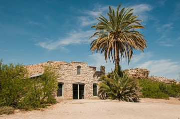 a abandoned stone hut and a palm nerby over blue sky in a sunny day