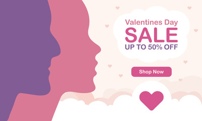 Happy Valentines Day. Sale banner for store. Special offer for shopping. A holiday of love. Silhouette of a romantic couple of lovers on sky background. Cute vector illustration