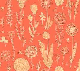 seamless pattern with pink doodle flowers on a red background. Hygge, boho style. Vector illustration. design element for fabric, wrapping paper, congratulation cards, print, banners