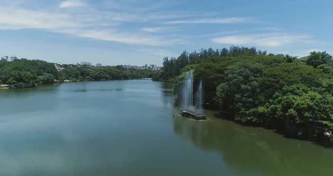 Drone image of the Portugal Park of Campinas SP Brazil, Sailboat and fountain on the lake
