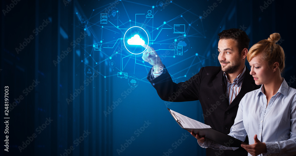 Poster man and woman touching hologram projection displaying cloud system