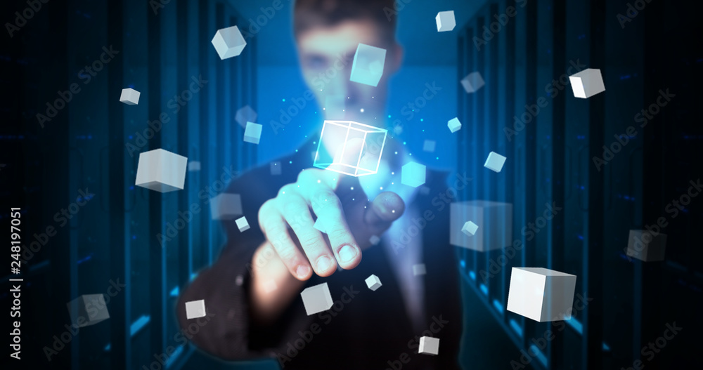 Aufkleber Man touching hologram screen displaying cube symbols
