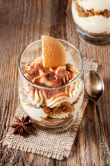 Tiramisu dessert in glass jar.
