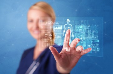 Doctor touching blue screen with full body analyze concept
