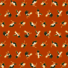 Fighting roosters on red background pattern. Gamecock seamless pattern