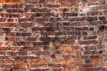 Brick wall close-up photo. Vintage textured surface with old red brickwork