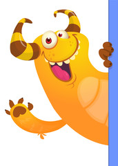 Funny cartoon monster peeping out of blank paper banner or placard